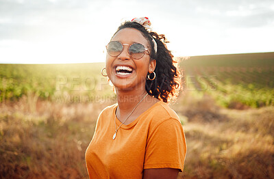 Buy stock photo Happy, farm and black woman on holiday in the countryside of Colombia for adventure, peace and calm in summer. Face portrait of African girl with smile for travel vacation in agriculture and nature