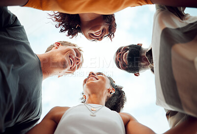 Buy stock photo Friends, diversity and happy in circle with head for comic, joke or funny time together below. Group, people and smile with happiness on face on vacation, holiday or travel with sky outdoor in Miami