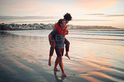 Buy stock photo Love, travel and couple walking along the beach at sunset, bond and having fun in nature together. Freedom, carry and man and woman enjoying a romantic ocean holiday in Los angeles, cheerful and calm