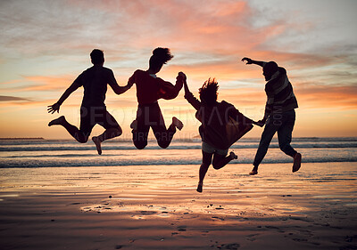 Buy stock photo Friends, silhouette and jump on the beach during sunset on vacation together. Excited people on travel holiday in summer with fun, play and friendship in hawaii with group during journey or trip