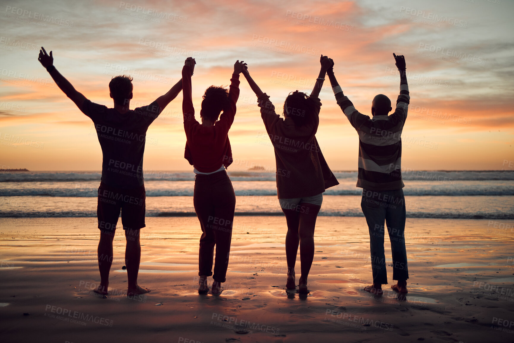 Buy stock photo Beach, celebration and friends silhouette, sunset horizon and ocean for night, youth and adventure lifestyle. Freedom, group people shadow holding hands in dark sea with orange background mock up