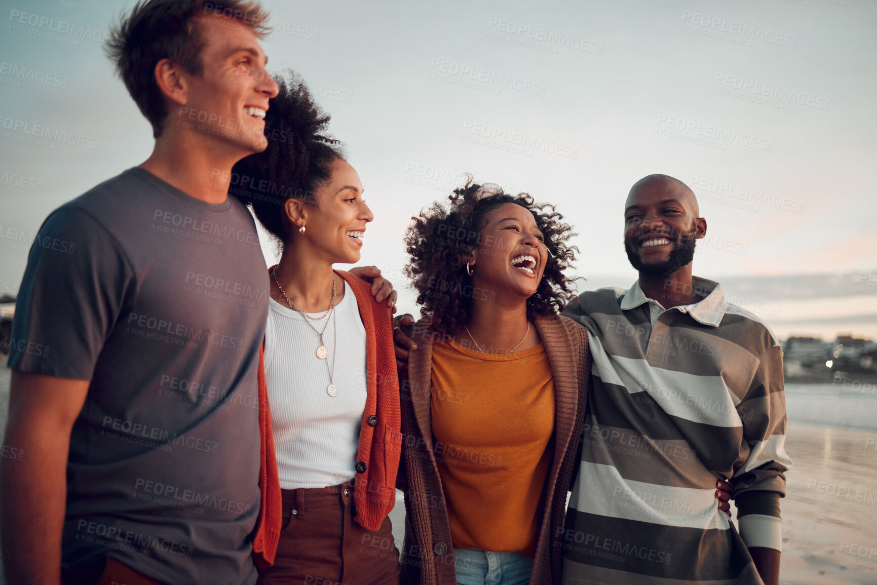 Buy stock photo Beach, comedy friends happy with the sunset by the ocean on holiday together in Bali during summer. Group of people with funny communication during sunrise on travel vacation at the sea to relax