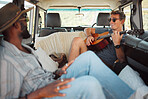 Friends, road trip and guitar in van drive playing music or holiday song on summer vacation adventure. Diversity, safari and happy men play acoustic string instrument, singing or bonding having fun.