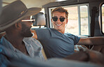 Safari, road trip and travel friends or men in a van with sunglasses for summer journey drive or countryside holiday in nature. Happy diversity people and black man in a caravan driving in Australia