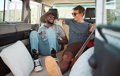 Buy stock photo Comic, smile and friends on a road trip in a van for a holiday on the countryside of California together. Happy, freedom and relax men in communication in a car on a vacation for adventure and travel