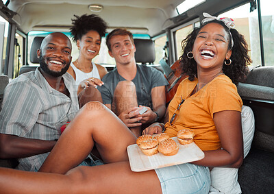 Buy stock photo Food, travel and friends eating on a road trip, happy, relax and laughing while bonding in a car together. Fast food, diversity and face portrait of smiling people enjoying freedom and adventure trip