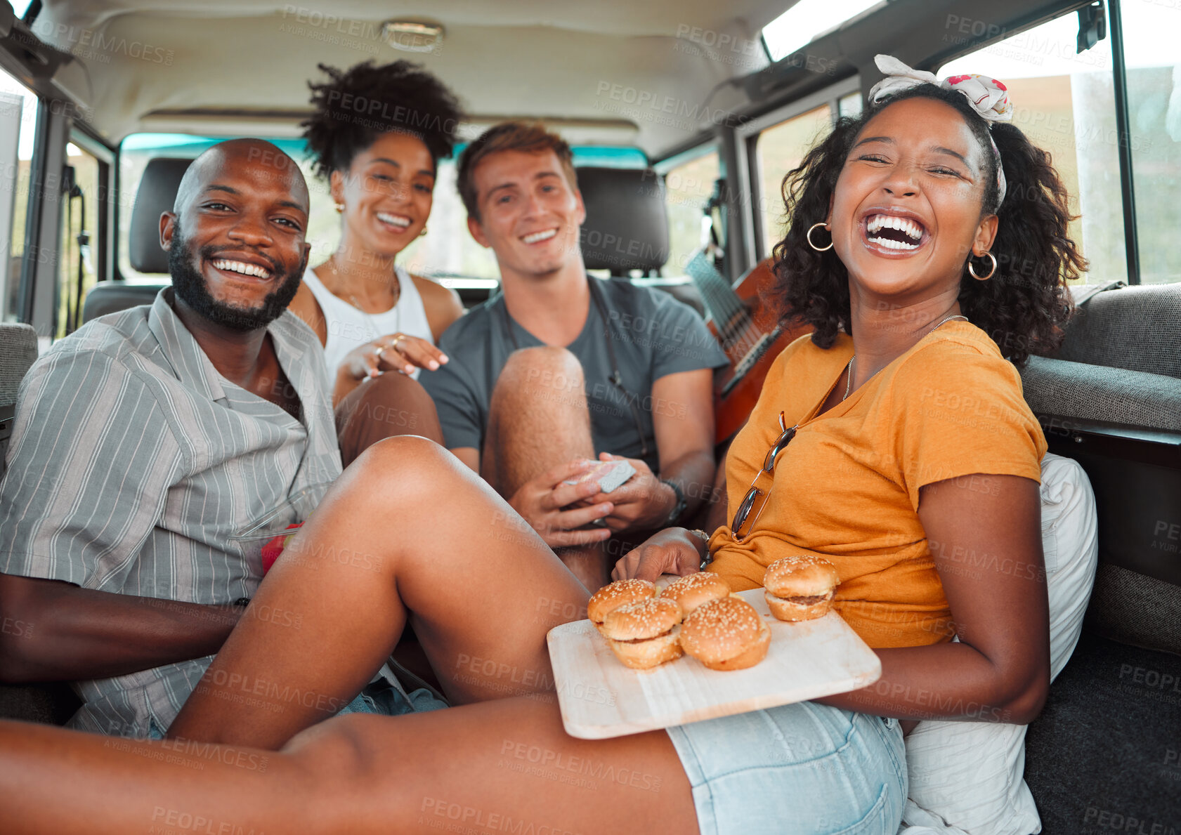 Buy stock photo Food, travel and friends eating on a road trip, happy, relax and laughing while bonding in a car together. Fast food, diversity and face portrait of smiling people enjoying freedom and adventure trip