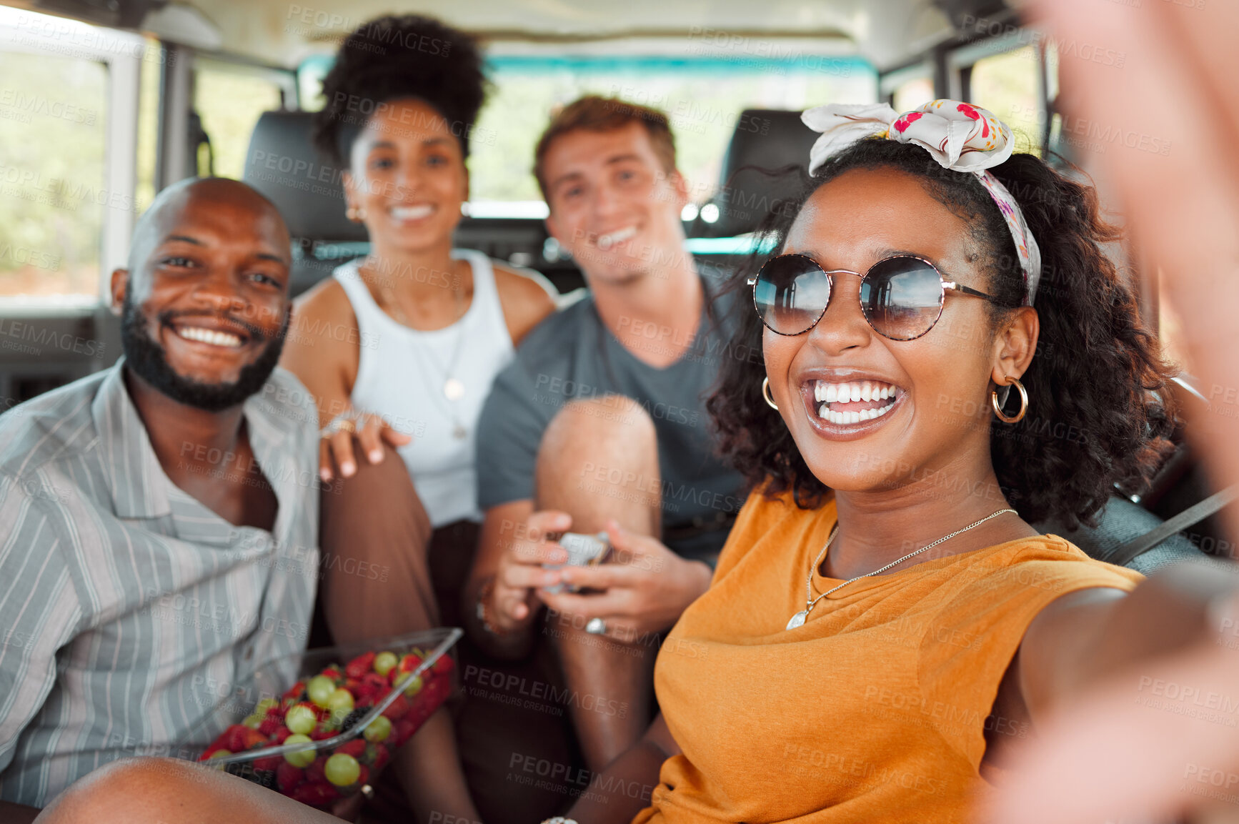 Buy stock photo Selfie, smile and friends on a road trip in car for travel adventure together. Portrait of happy, excited and young group of people with photo for social media in a van for transport while on holiday