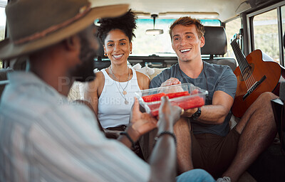 Buy stock photo Diversity, friends and on road trip share food, watermelon and in van while travel, fun vacation and enjoy holiday together in summer. Group, happy and with fruit in vehicle on journey and adventure 