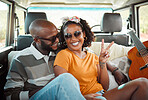 Black woman with peace hand sign, road trip couple in car to music festival and summer holiday in Los Angeles. Highway transport to Coachella, cool happy people excited and travel journey together