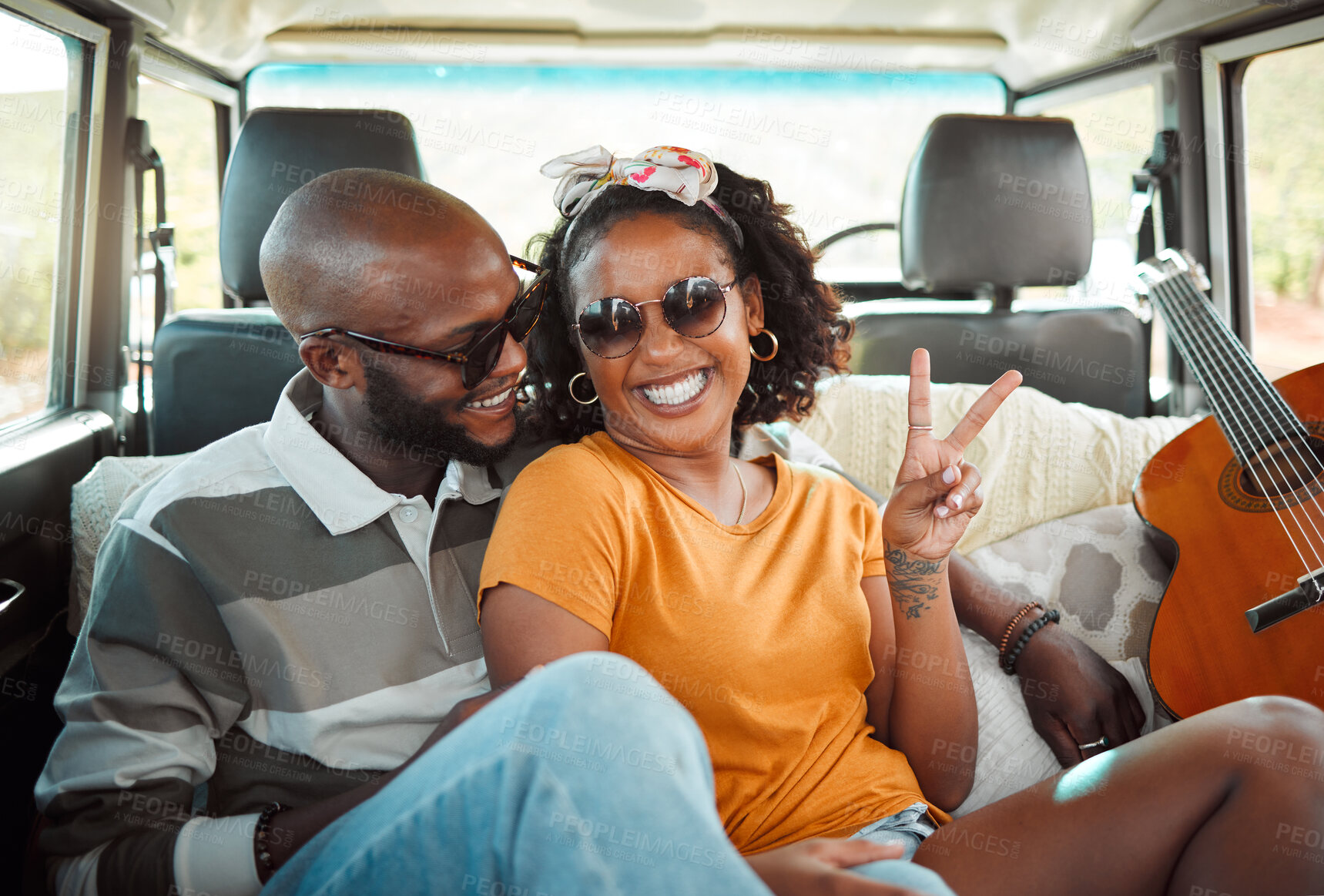 Buy stock photo Black couple travel, woman with peace sign hand in car to music festival and summer holiday in Los Angeles. Road trip to Coachella, cool happy people excited and travel journey together