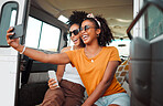 Travel, phone and selfie with friends in car for road trip adventure on Miami vacation for summer, transportation and social media. Happy, smile and holiday with women for internet post and youth