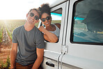 Couple, sunglasses and road trip in nature portrait, vacation or summer holiday outdoors. Love, diversity and man and woman spending time together on romantic journey or adventure in countryside car