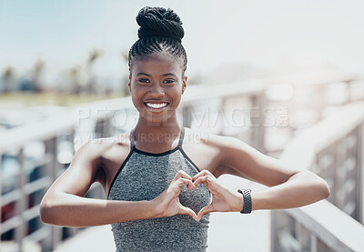 Buy stock photo Black woman, fitness and portrait heart gesture for healthy exercise, training and workout in the outdoors. Happy active African American female runner with smile and love shape hands for wellness