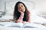 Portrait college student studying in bedroom with research notebooks, exam reading and education project at home. Happy woman, young girl and academic school learning of knowledge in campus dormitory