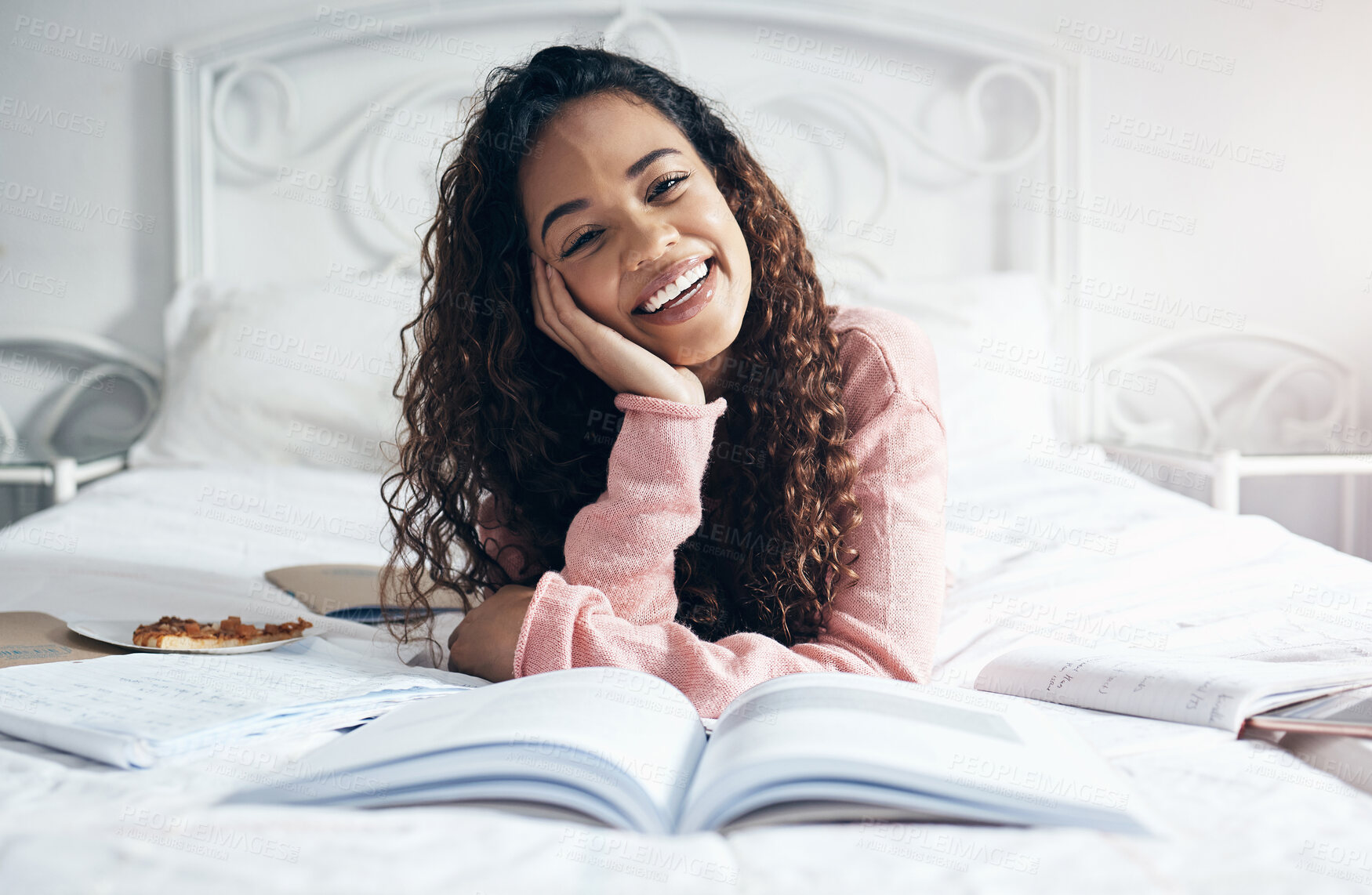 Buy stock photo Portrait college student studying in bedroom with research notebooks, exam reading and education project at home. Happy woman, young girl and academic school learning of knowledge in campus dormitory