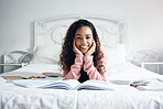 Student books and bed with black woman learning and studying in a bedroom, happy and excited. Study, education and college preparation with portrait of girl with vision, thinking of goal and reading