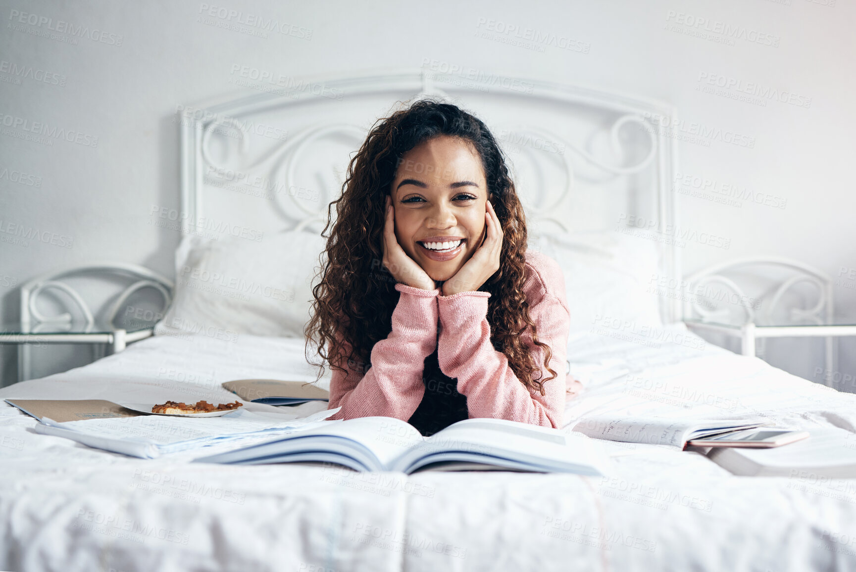 Buy stock photo Student books and bed with black woman learning and studying in a bedroom, happy and excited. Study, education and college preparation with portrait of girl with vision, thinking of goal and reading