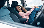 Travel, car passenger and black woman relax on road trip for fun journey, peace or open road freedom. Happy, smile and portrait of gen z girl in SUV van for transportation adventure in San Francisco 