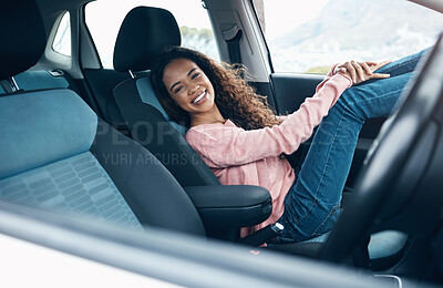 Buy stock photo Travel, car passenger and black woman relax on road trip for fun journey, peace or open road freedom. Happy, smile and portrait of gen z girl in SUV van for transportation adventure in San Francisco 
