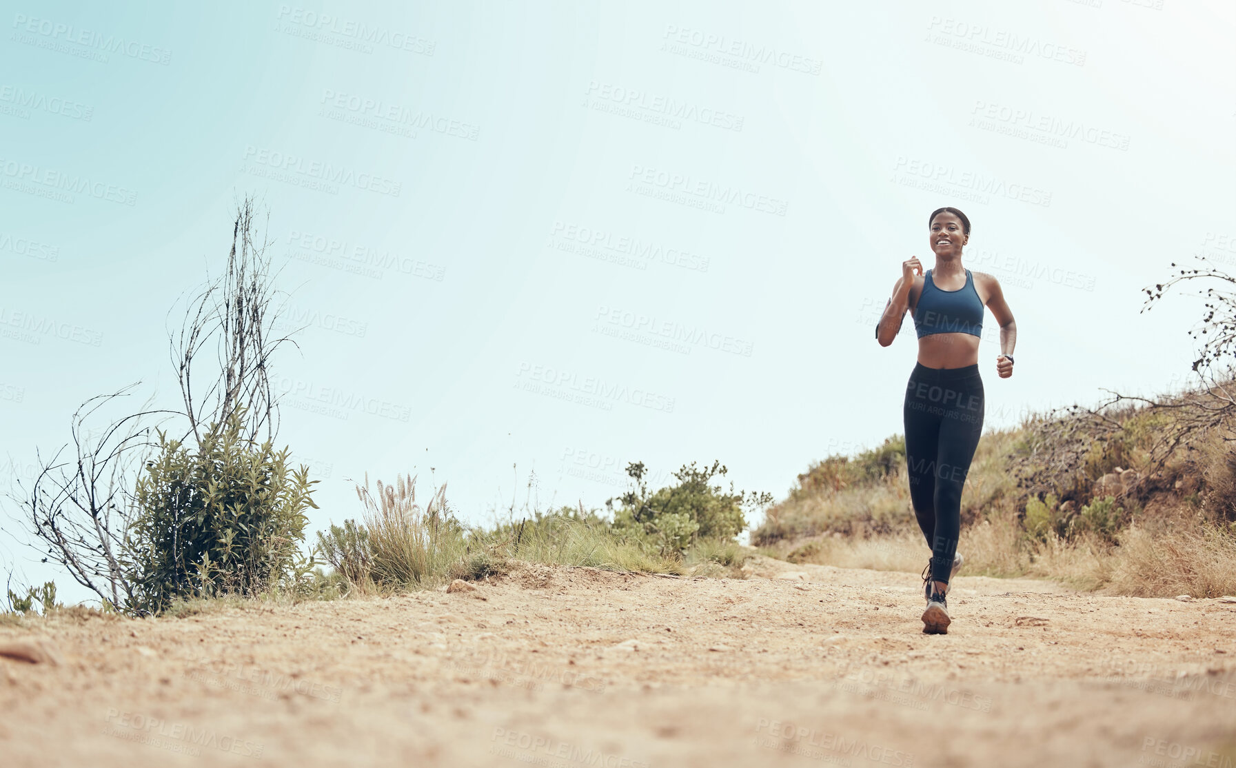 Buy stock photo Woman, hiking and running on mountain in mockup, workout or fitness. Runner, wellness and exercise in training, sports and health on adventure in nature in summer with hill, girl and sky in Australia