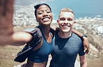 Happy, selfie and couple hiking in nature while on outdoor adventure trip on holiday in South Africa. Smile, trekking and portrait of interracial man and woman on health, wellness and active vacation