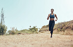 Fitness, running and black woman on nature trail for marathon cardio exercise in Hollywood USA. Motivation of athletic African girl enjoying outdoor run for cardiovascular health lifestyle.

