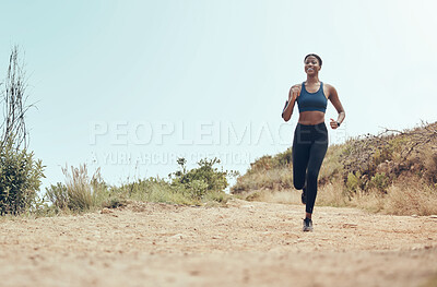 Buy stock photo Fitness, running and black woman on nature trail for marathon cardio exercise in Hollywood USA. African American athlete enjoying outdoor run for training and cardiovascular health lifestyle.

