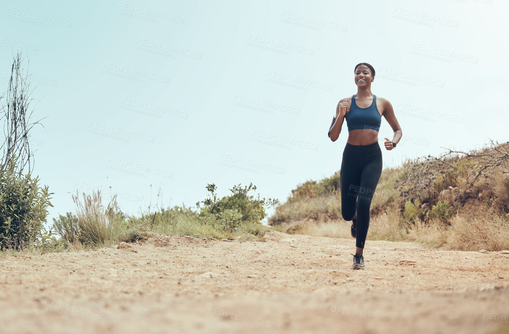 Buy stock photo Fitness, running and black woman on nature trail for marathon cardio exercise in Hollywood USA. African American athlete enjoying outdoor run for training and cardiovascular health lifestyle.

