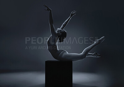 Buy stock photo Art, ballet and woman silhouette posing in black studio for art deco, flexible, abstract and creative. Design, body and model stretching and showing freedom pose while fall and balance on structure