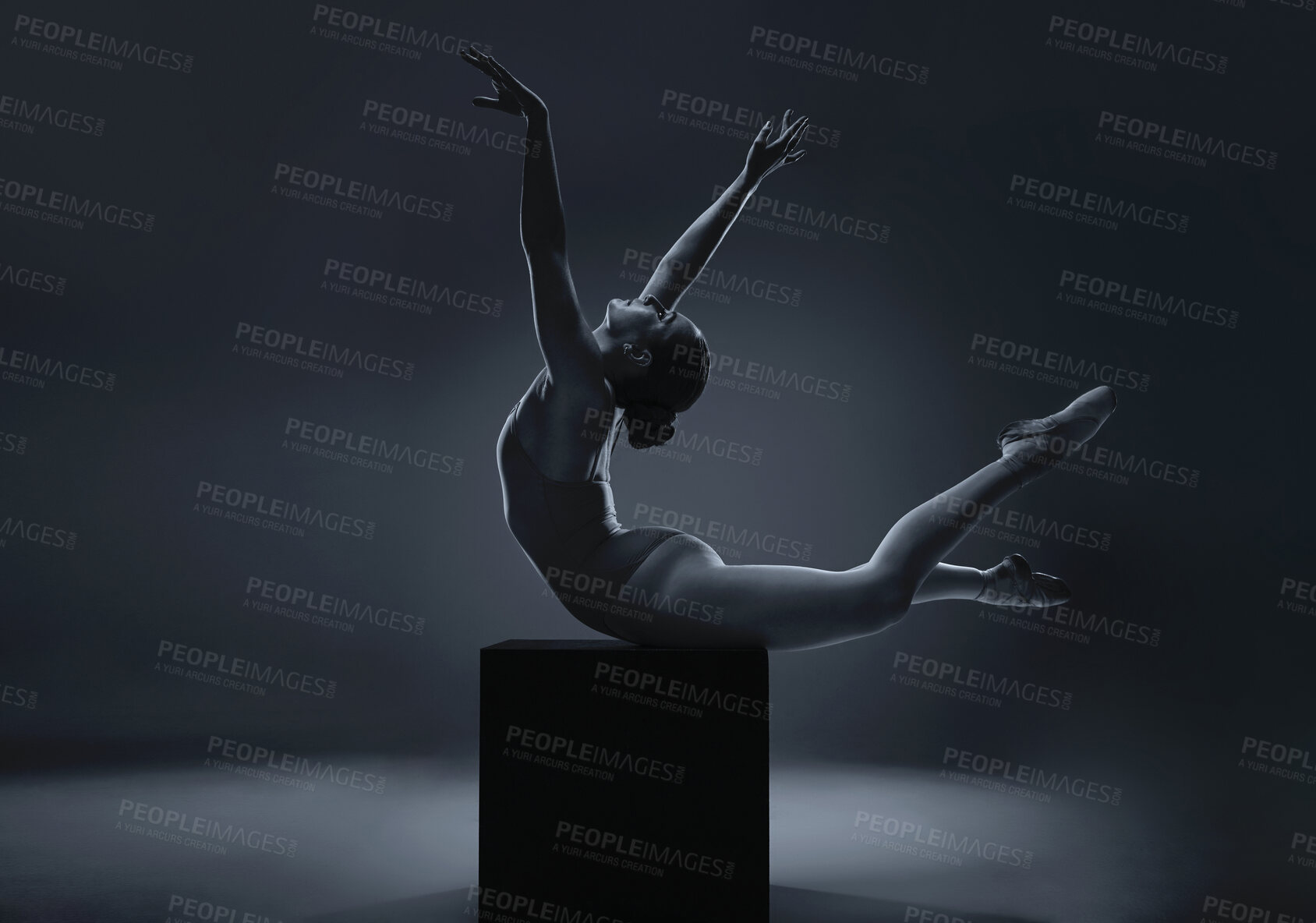 Buy stock photo Art, ballet and woman silhouette posing in black studio for art deco, flexible, abstract and creative. Design, body and model stretching and showing freedom pose while fall and balance on structure