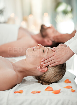 Couple, head massage or relax wellness in hotel, hospitality salon or zen spa in stress release, relax or self care. Reiki hands, man or woman on table bed for peace, headache relief or healthy sleep