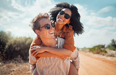 Buy stock photo Love, happy and couple piggy back on road path in Arizona desert in USA for romantic getaway. Interracial people dating smile while enjoying summer romance on travel holiday adventure together.