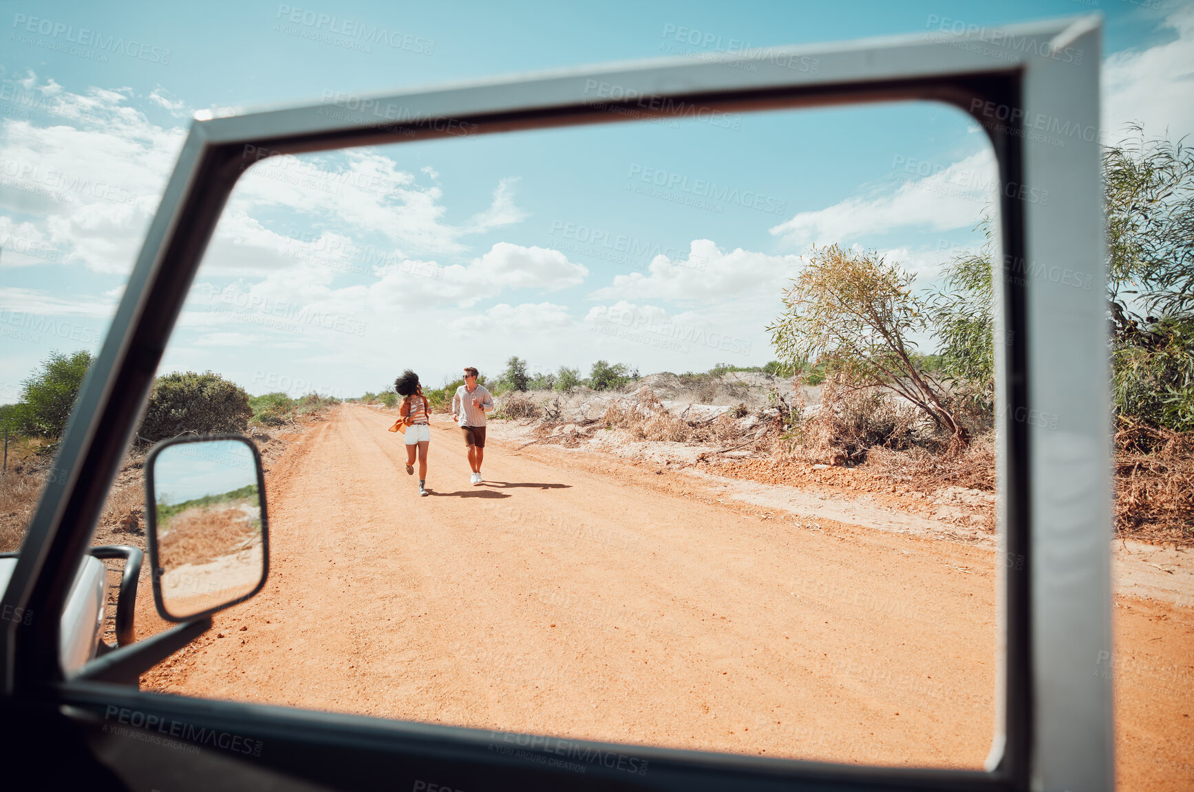 Buy stock photo Safari, diversity and couple on road trip in a summer romance, holiday and vacation outdoors together. Car, romantic and young woman having fun on freedom adventure with a lovely partner in Australia