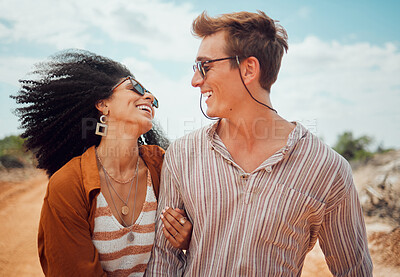 Buy stock photo Travel, diversity and couple love a safari date to enjoy nature, honeymoon vacation and summer holidays in Dubai. Desert, smile and happy woman with a young, fun and relaxed partner with freedom