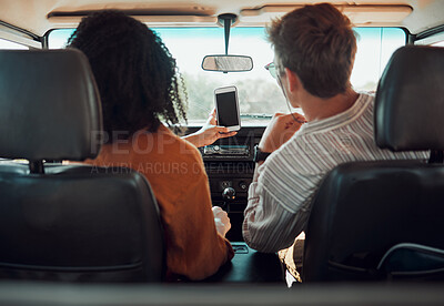 Buy stock photo Phone, road trip and couple driving with gps to summer vacation destination in the countryside. Travel, journey and interracial people with maps on smartphone for holiday, adventure or weekend plans.