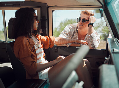 Buy stock photo Travel, road trip and couple with love for summer journey, holiday vacation in safari or countryside adventure with sunglasses in caravan. Happy young people, friends or driver woman in nature desert