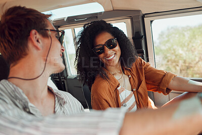 Buy stock photo Happy, love and couple on a road trip in a car for travel together in marriage in nature during summer. Relax, smile and young man and woman on a drive in the countryside for peace and adventure