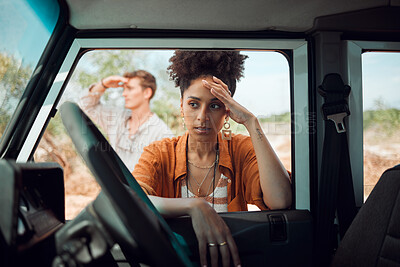 Buy stock photo Lost, stress and road trip couple waiting for emergency roadside assistance, car mechanic service and transport insurance help in safari desert. Sad woman anxiety, driving crisis and accident problem