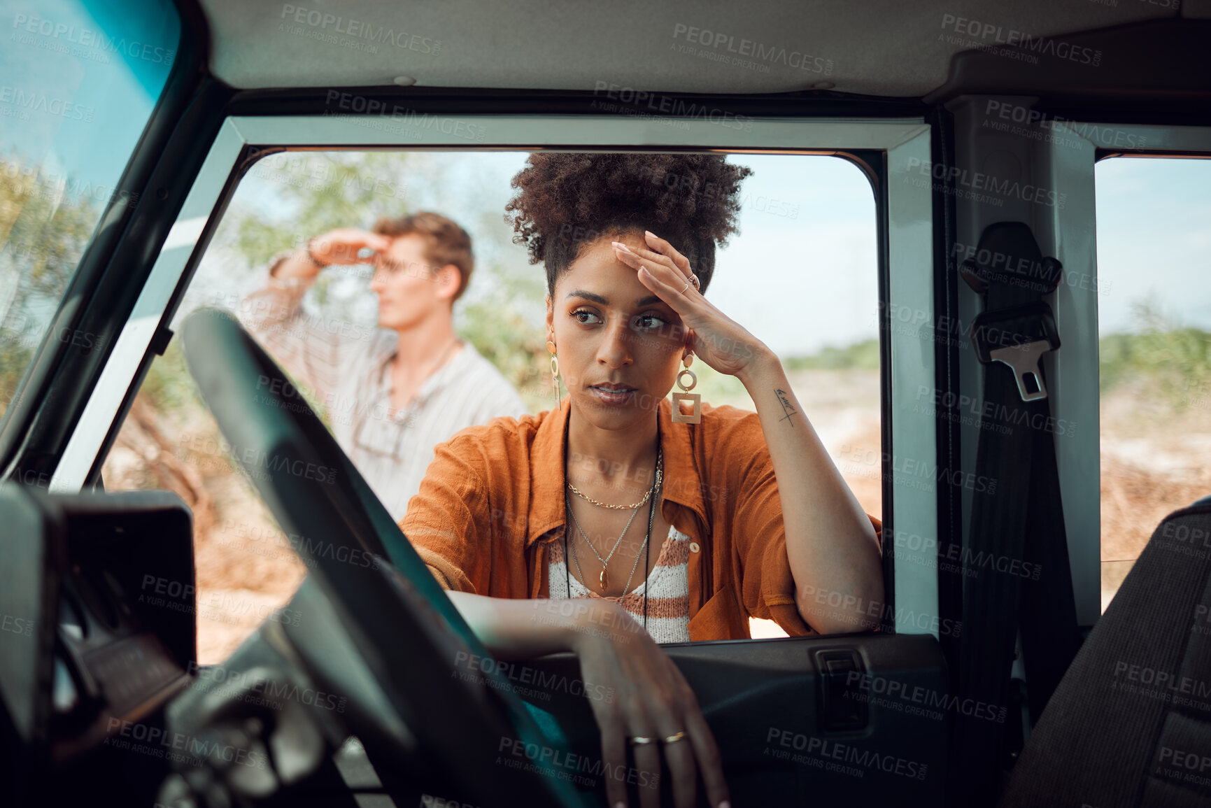 Buy stock photo Lost, stress and road trip couple waiting for emergency roadside assistance, car mechanic service and transport insurance help in safari desert. Sad woman anxiety, driving crisis and accident problem