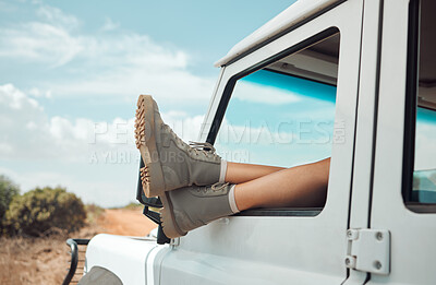 Buy stock photo Travel, roadtrip and feet out window of a car, mockup for adventure, freedom and nature trip. Summer, travelling and young woman with shoes out of car window on vacation, explore and natural holiday