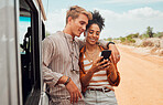 Car, phone and couple on a road trip in summer on holiday to enjoy traveling and sharing social media news. Nature, interracial and happy woman searching on gps map with calm partner on a vacation