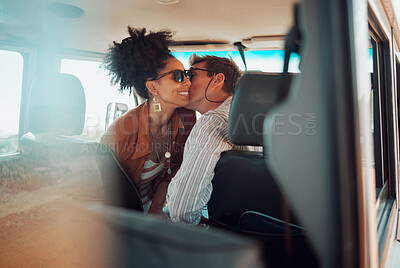 Buy stock photo Love, couple and cheek kiss on road trip, vacation or summer holiday trip. Sunglasses, diversity and man kissing woman, affection or bonding, care or romance on car drive and spending time together.
