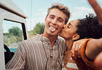 Selfie, kiss and couple taking a picture on a road trip, having fun on a traveling adventure together. Love, nature and black woman kissing man, bonding in a romantic moment in the countryside 