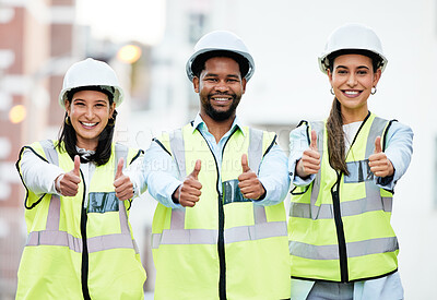 Buy stock photo Thumbs up, success and construction employees in collaboration for building goal in city of New Zealand together. Portrait of team of engineer workers with a thank you and agreement in architecture