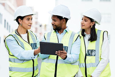 Buy stock photo Teamwork, construction workers and digital tablet by team collaboration on building project at construction site. innovation, vision and workers planning and discuss mission for design on online app