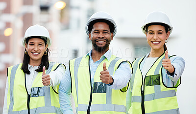 Buy stock photo Construction worker, hands and thumbs up by team at construction site, happy with goal and vision. Success, thank you and engineer collaboration by group of workers show support for building project