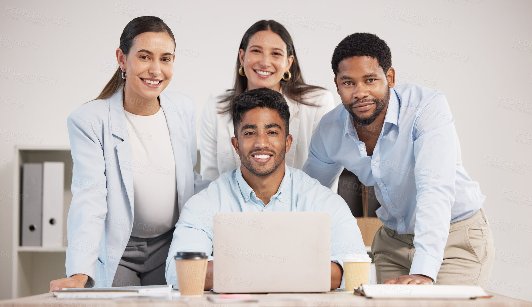 Buy stock photo Office portrait of design, team collaboration on laptop by happy business people working on a marketing strategy together. Vision, startup and diverse colleagues with company goal planning innovation