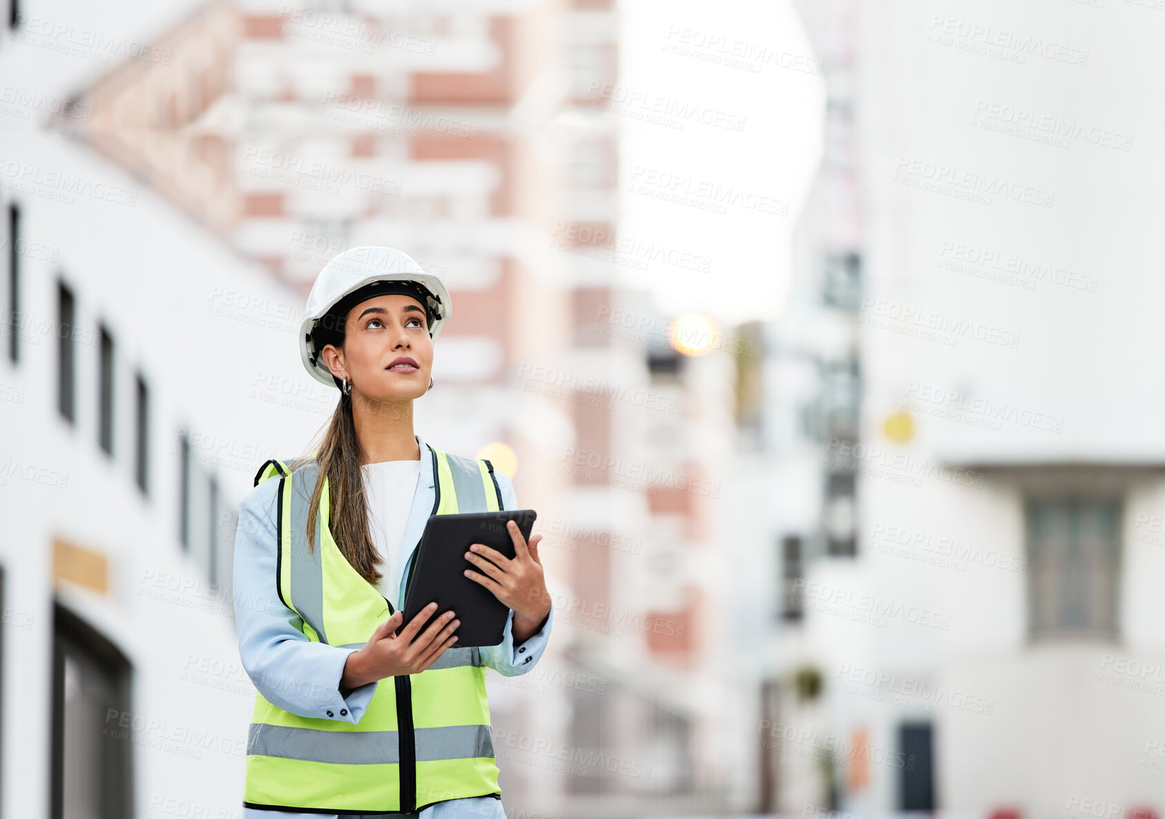 Buy stock photo Woman, building and construction inspection on tablet working on site in the city for industry. Female architect, builder or contractor checking architecture detail at work on touchscreen technology