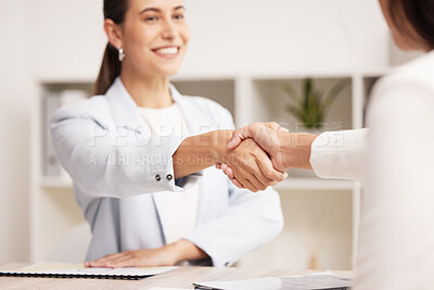 Buy stock photo Handshake, business woman and interview for loan agreement for business and startup company. Employee, b2b or confirm contract for partnership, collaboration or work for successful investment project